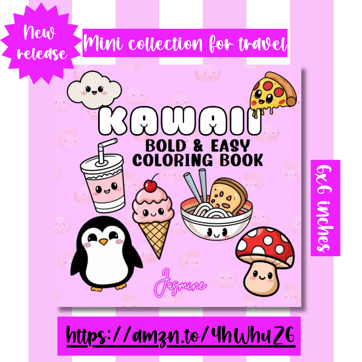 Kawaii Bold and Easy Mini Coloring Book for Travel (6" x 6")